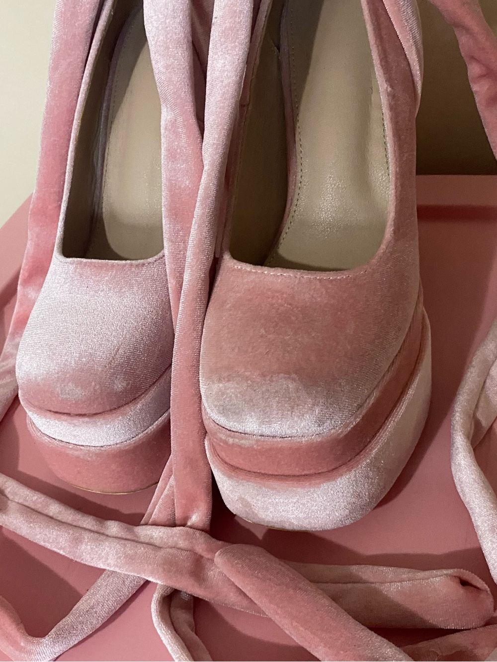 Velvet Pink Platform Block Heel Pumps with Ankle Tie - Picture 9 of 11